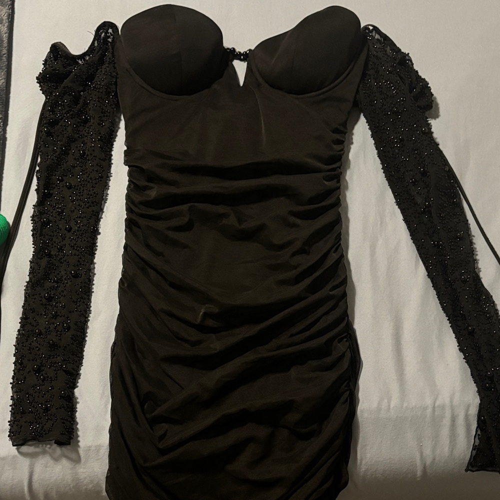Oh Polly Black Long Sleeve Dress with Beaded Detail